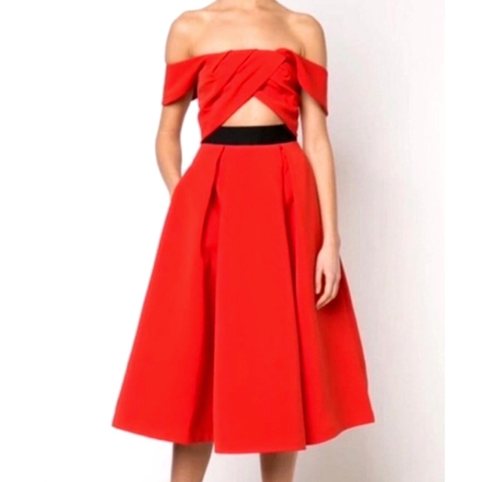 Self-Portrait Red Off-Shoulder Midi Dress With Black Waist